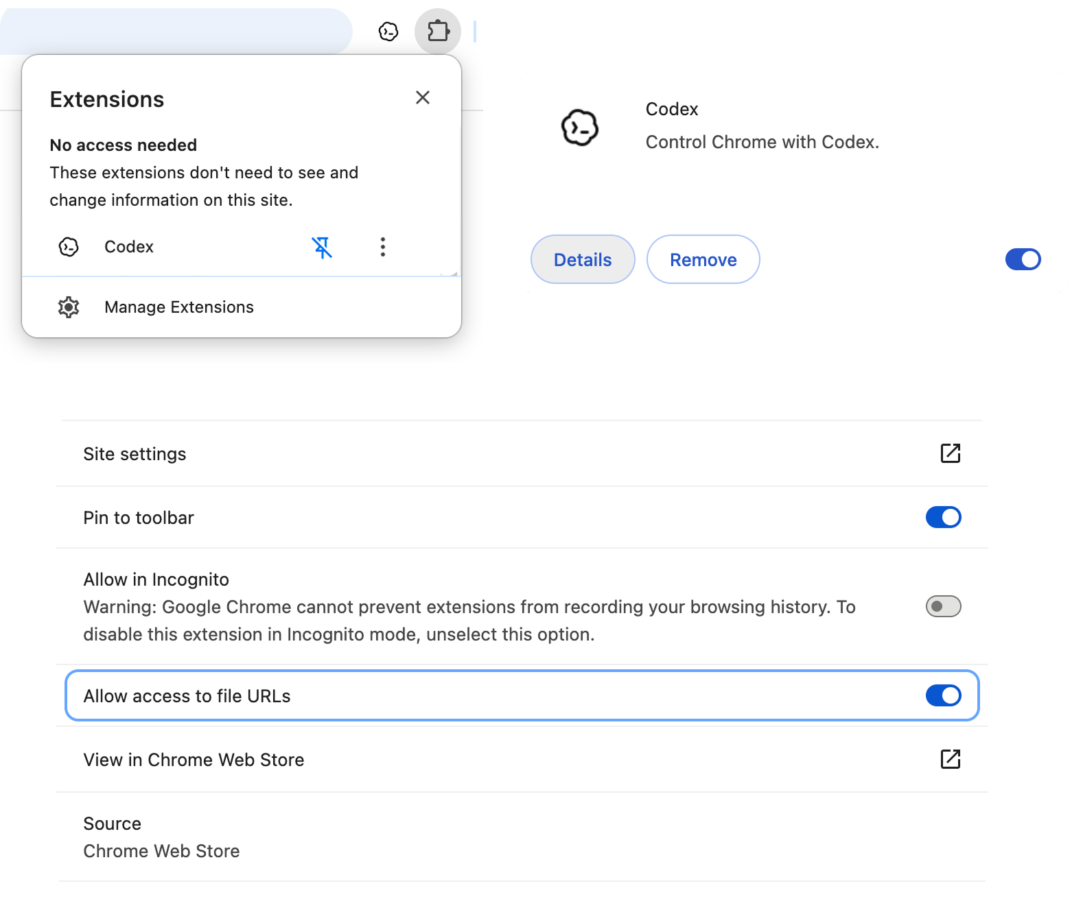 Chrome 擴充功能設定中的允許存取檔案網址選項